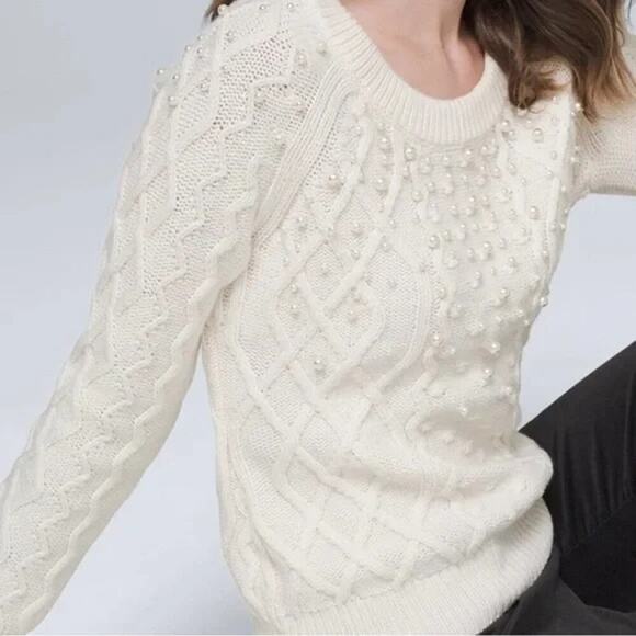 White House Black Market Cream Cable Knit Pearl Embellished Sweater XS - Picture 1 of 10